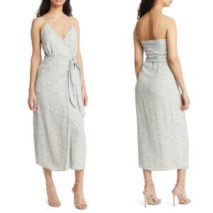 Wayf Blue Ditsy Floral Feminine Romantic Coastal Midi Wrap Dress Womens Small